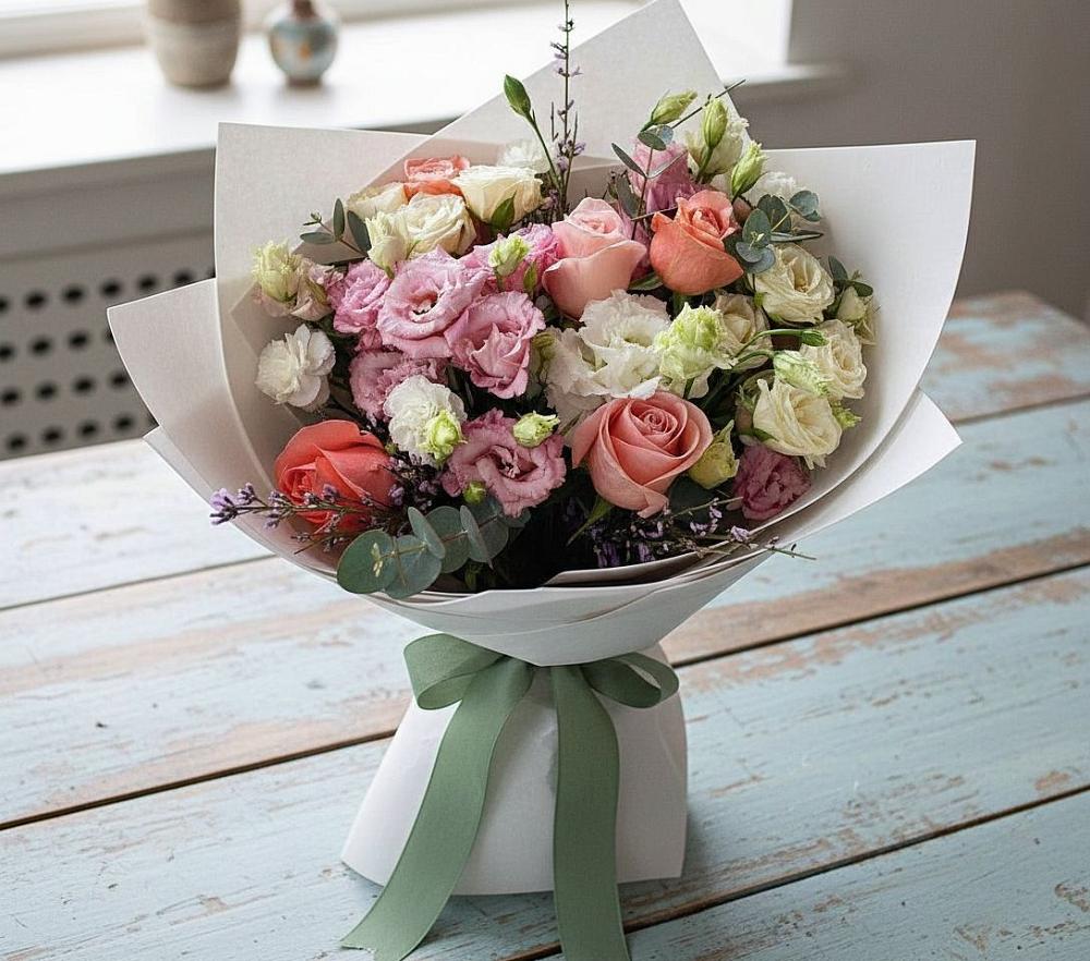 Букет цветов из: Розы, Лизиантусы и Гвоздики в Никологоры