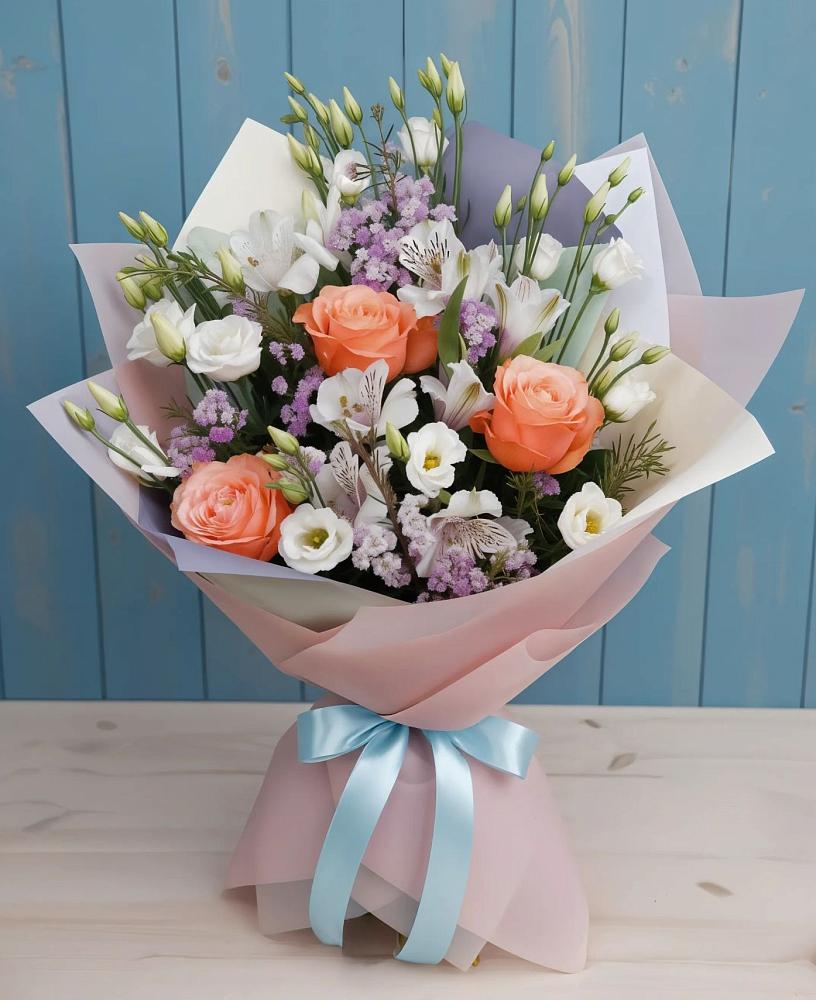 Букет цветов из: Лизиантусы, Розы, Альстромерии и Гипсофила в Никологоры