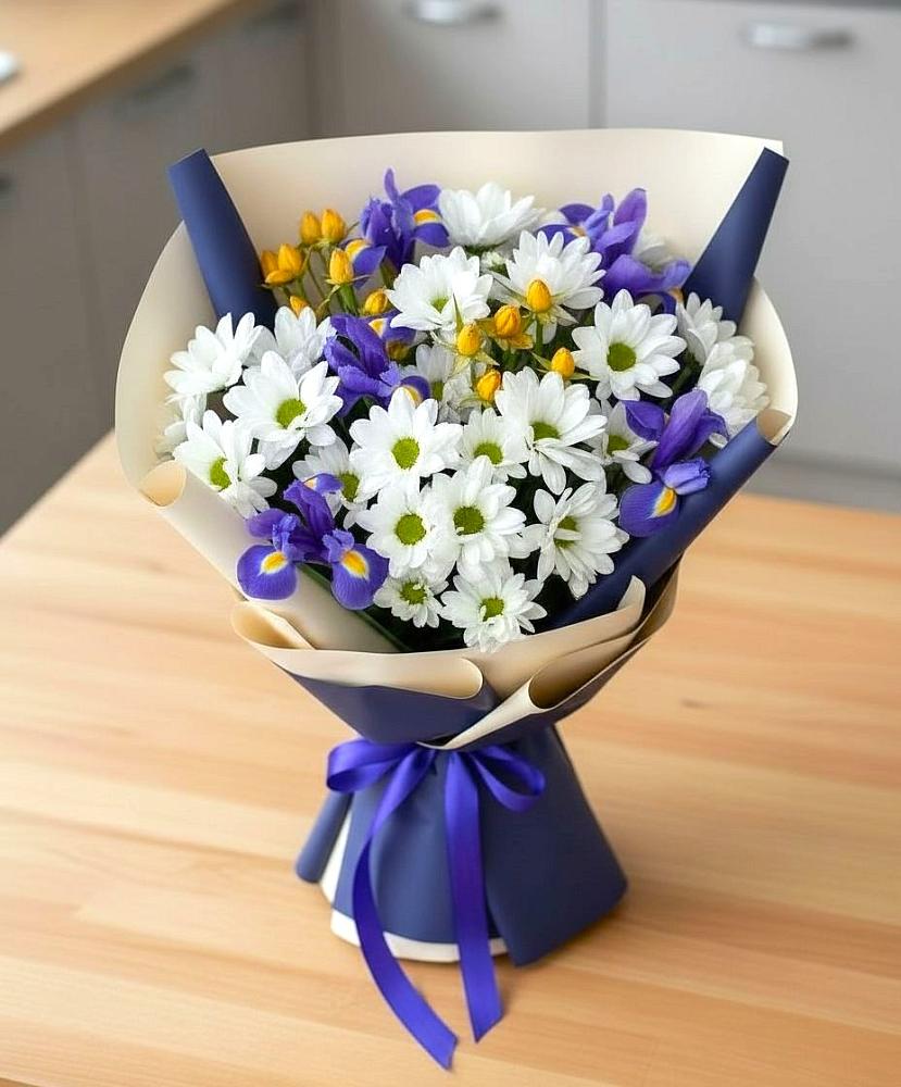 Букет цветов из: Розы, Ирисы и Хризантемы в Никологоры