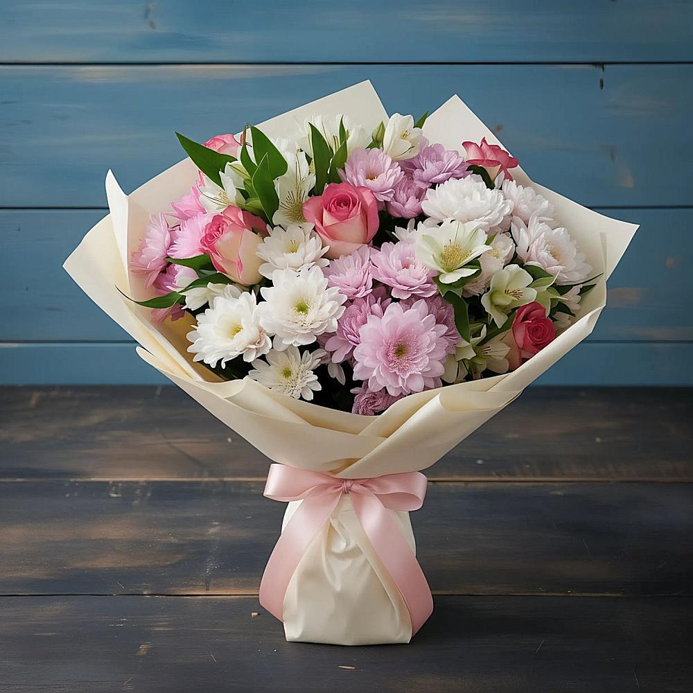 Букет цветов из: Хризантемы, Альстромерии и Розы в Никологоры